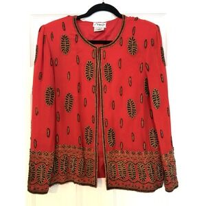 Vintage JMD New York Beaded Silk Jacket Red Gold Black Open Front Top Size Large